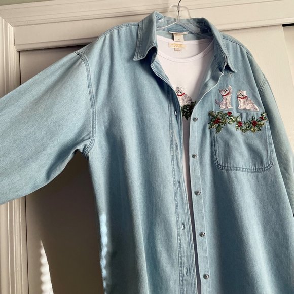 VTG Plus Size Tia Designs Holiday Top/Denim Blouse SET Beaded Embroidered Cat 1X - Picture 7 of 15